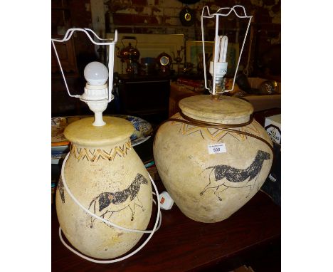 Two Greek-style earthenware table lamp bases and shades