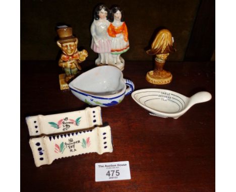 Staffordshire girl group, Quimper knife rests, Guinness advertising Wade Whimsies, etc.