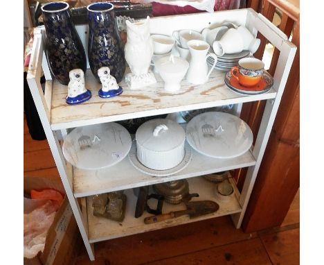 Assorted ceramics etc. on three shelves, inc. Belleek owl vase, pair Devon ware vases, Rosenthal coffee cups, pair of Rosenth