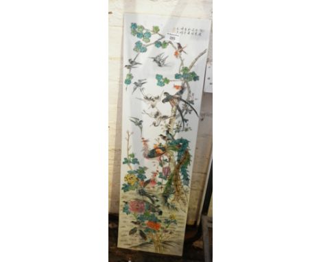 Chinese porcelain panel with birds decoration, 78" x 23", signed (A/F)