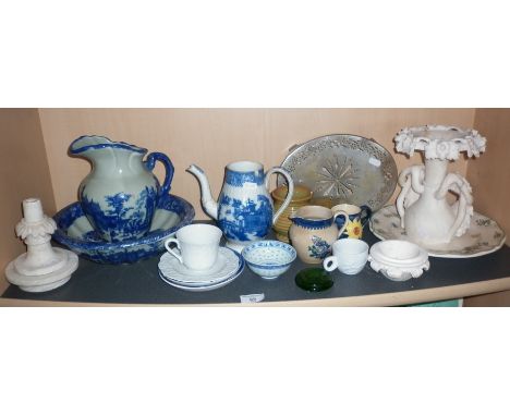 Assorted china, inc. blue and white jug and basin, Chinese saucer, Quimper type plate and others, and carved soapstone vase