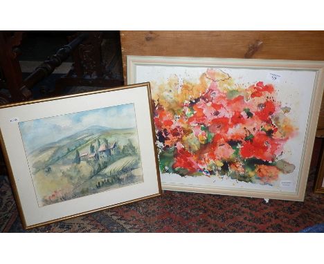 Colour print of abstract flowers by Liz Spooner and a watercolour landscape of Tuscany by Elizabeth Boyle, signed and dated 1