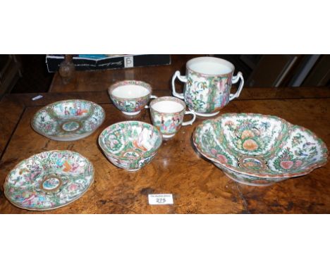 Group of Chinese Canton mugs, cups, saucers and a dish
