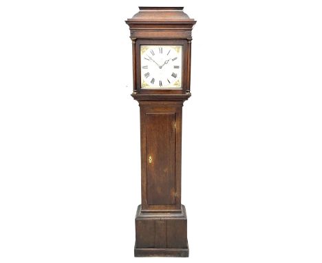 Mid to late 18th century oak longcase clock, sarcophagus top hood with square glazed door with plain column pilasters, rectan