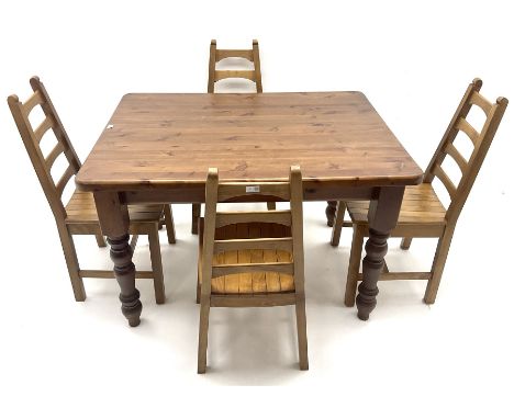 Rectangular pine farmhouse style table, turned supports (W122cm, H79cm, D91cm) and set four ladder back dining chairs (W43cm)