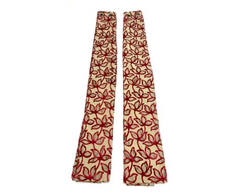 Pair lined gold ground curtains with red floral detailing with matching pole (L255cm, W237cm (each))