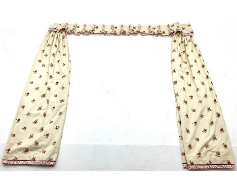 Pair lined curtains with floral field with pelmet and tie backs (W190cm, D174cm)