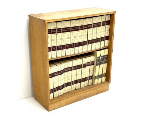 Light oak bookcase with Encylopedia BritaniaDimensions: Height:&nbsp;77cm&nbsp; Length/Width:&nbsp;69cm&nbsp; Depth/Diameter: