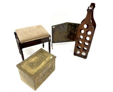 Edwardian piano stool, brass slipper box, bottle rack and a firescreen 