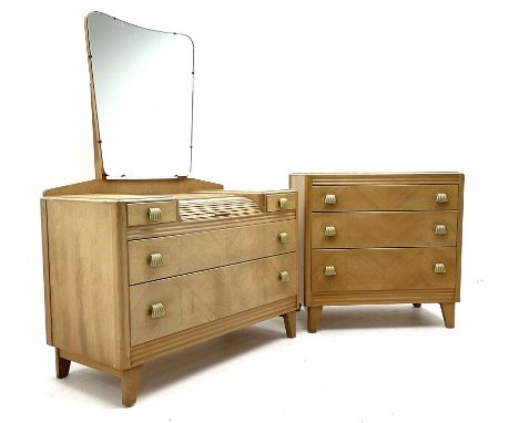 Early 20th century Lebus Furniture light oak dressing table, swing mirror above tambour slide, two short and two graduating d