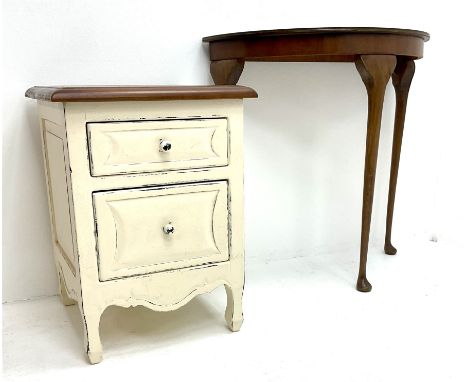 French style cream painted lamp table, two graduating drawers (W44cm, H61cm, D44cm) and a demi-lune hall table (2)