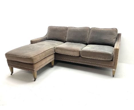 Three seat sofa with reversible chaise corner piece, upholstered in studded grey velvetDimensions: Length/Width:&nbsp;200cm&n