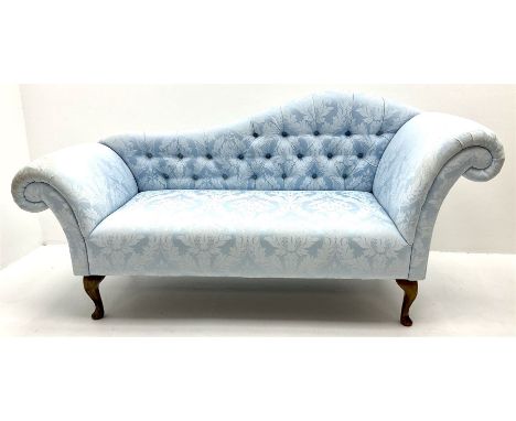 Early 20th century chaise longue, shaped cresting rail, scrolling arms, cabriole feet upholstered in light blue deep buttoned