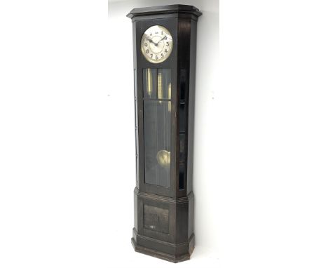 Early 20th century oak longcase clock, canted case with projecting cornice, the door glazed with concave dial glass and astra