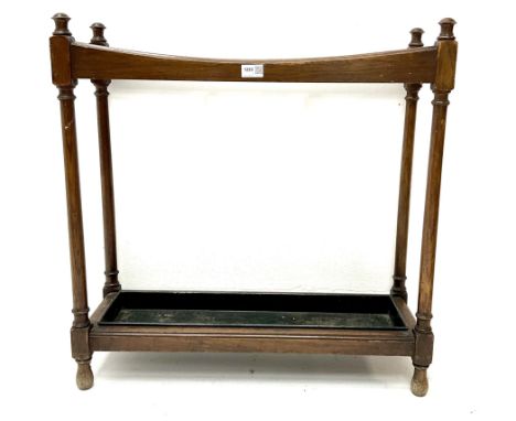 Edwardian three section oak stick stand, turned supports joined by undertier with metal trayDimensions: Height:&nbsp;72cm&nbs