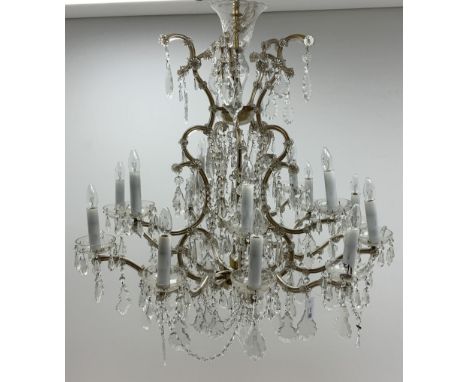 Large two tier fifteen branch chandelier, serpentine supports, with glass cups and dropletsDimensions: Height:&nbsp;93cm&nbsp