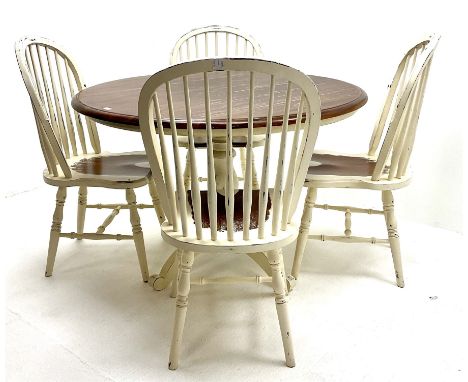 Laura Ashley Bramley range French style cream pedestal dining table with polished top (D120cm, H78cm) and set four stick back
