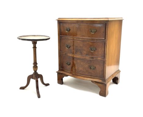 Reproduction serpentine walnut chest fitted with three drawers (W54cm, H67cm, D41cm), and a small tripod wine table (H51cm)