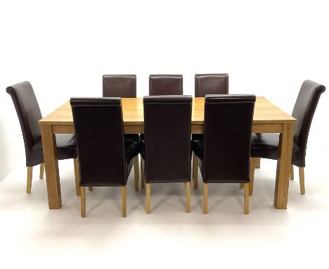 Light oak rectangular dining table, square supports (L200cm, W100cm) and eight high back chairs, upholstered in a chocolate l