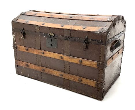 Early 20th century wood and metal bound trunk with dome hinged topDimensions: Height:&nbsp;57cm&nbsp; Length/Width:&nbsp;85cm