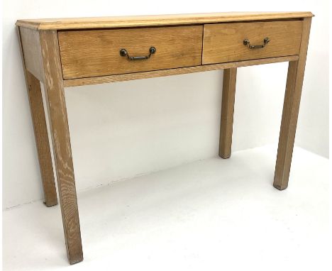 Light oak side table, two drawers, square supports Dimensions: Height:&nbsp;77cm&nbsp; Length/Width:&nbsp;104cm&nbsp; Depth/D