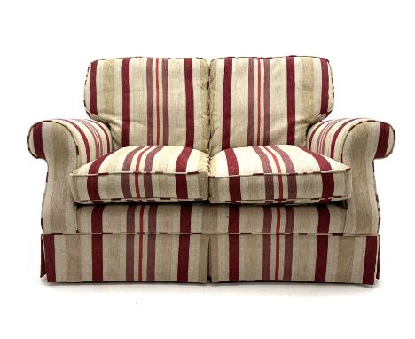 Two seat sofa upholstered in beige and red stripe fabricDimensions: Height:&nbsp;75cm&nbsp; Length/Width:&nbsp;145cm&nbsp; De