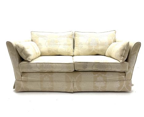 Multi-York two seat sofa and pair of matching armchairs, upholstered in natural stripe fabric loose covers, foam and feather 