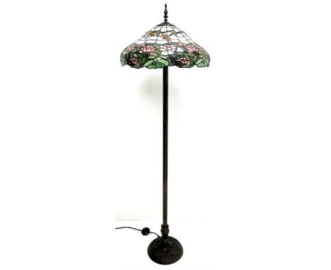 Tiffany style standard lamp, the shade decorated with dragonflies and flowers, reeded column on circular baseDimensions: Heig