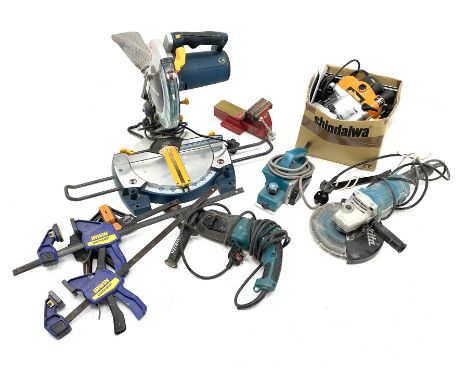 Collection of power tools and other tools - Ryobi EMS1426L mitre saw, Makita Q91001 electric hand planer, Makita HR2470 hamme