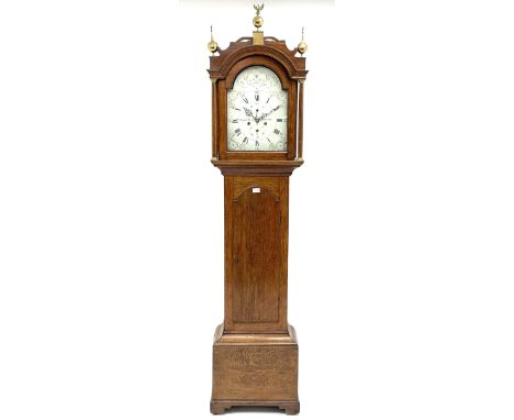 Early 19th century oak longcase clock, the enamel dial decorated with raised gilt trailing scrolls, signed 'Amyot &amp; Benne