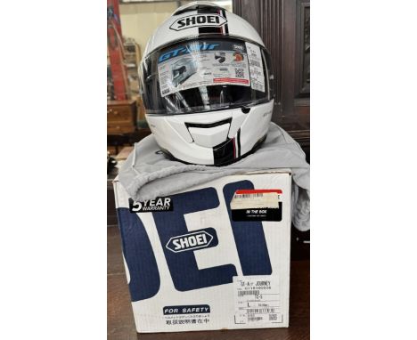 A Shoei GT-Air Journey TC-5 silver black large size motorcycle helmet, with cover and box, film still on the visor, appears t