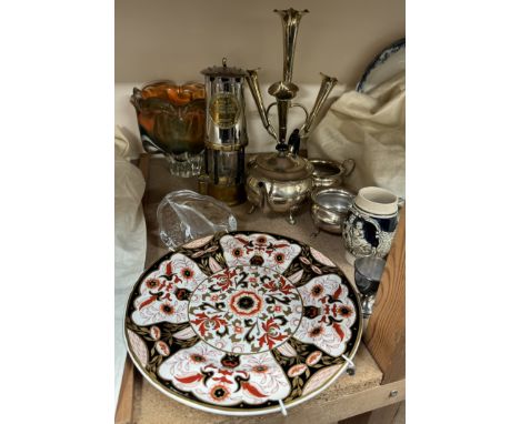 An electroplated three piece tea service together with an electroplated epergne, Bohemian glass vase, Thomas and Williams min