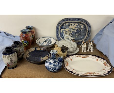 Two pottery meat plates together with a pair of Regal Ware vases, a pair of Japanese Satsuma pottery vases, a Japanese Raku b