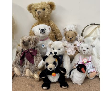 A large Steiff classic Teddy bear together with a Steiff Polar bear, Steiff Panda, Steiff penguin and other teddies 