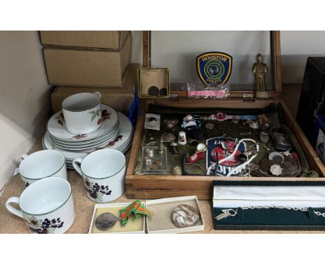 A Royal Worcester Evesham pattern part tea service together with a table top display cabinet, coins, WWII medal, costume jewe