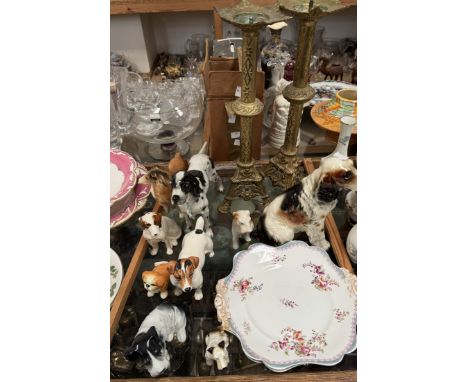 A Beswick Jack Russell Terrier together with other dog figures, brass candlesticks, Ridgway plates etc 