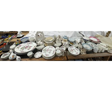 A large lot including a Wedgwood Charnwood pattern part dinner service together with Staffordshire flatback figure groups, co