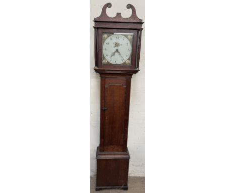 A 19th century oak longcase clock, with a broken swan neck pediment, long trunk door, box base and bracket feet, the 28cm squ