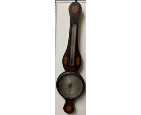 A 19th century mahogany banjo barometer, with a fan top, alcohol thermometer, the silvered dial inscribed Charles Gally, Holb