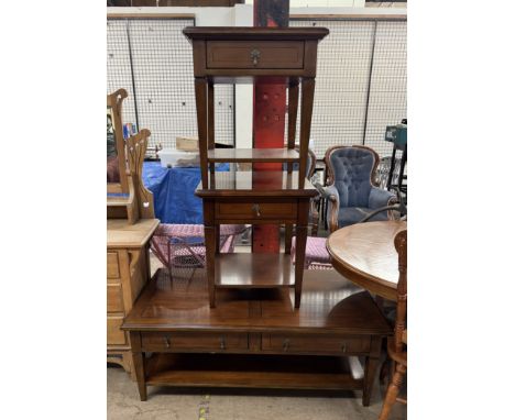 A reproduction mahogany coffee table together with a pair of matching lamp tables 