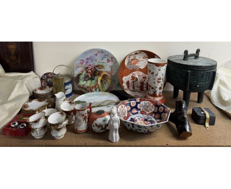 A Japanese charger together with pottery chargers, miners lamp, Koro, Royal Albert Old Country Roses part tea service etc