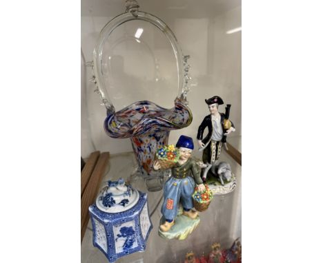 A Royal Worcester figure Dutch boy, together with a continental figure of a shepherd with bagpipes, cricket cage and a glass 