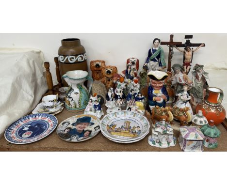 A Royal Worcester Summers Day figure together with cottage pastille burners, Staffordshire figures, a Shelley trio, candlesti