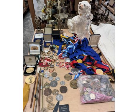 A large collection of Rowing medals together with Henly Regatta badges, Leander Club badges, coin collection, a Staffordshire