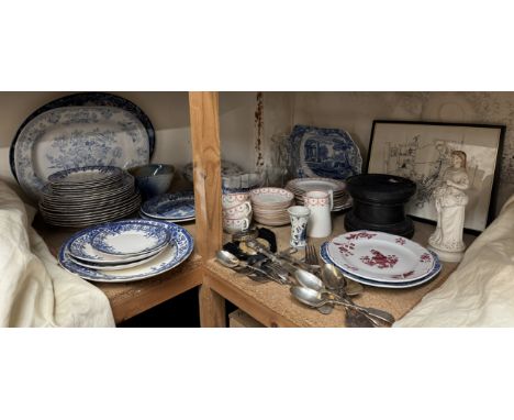 An Oxford pattern blue and white pottery part dinner set together with a part tea service, electroplated cutlery, powder comp