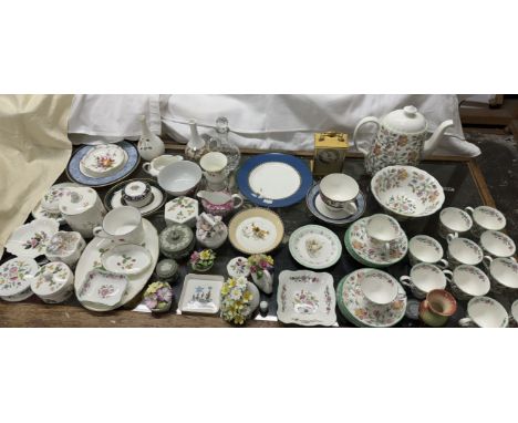 A Mintons Haddon Hall pattern part tea service together with Wedgwood Wild strawberries porcelain boxes and covers, Royal Add