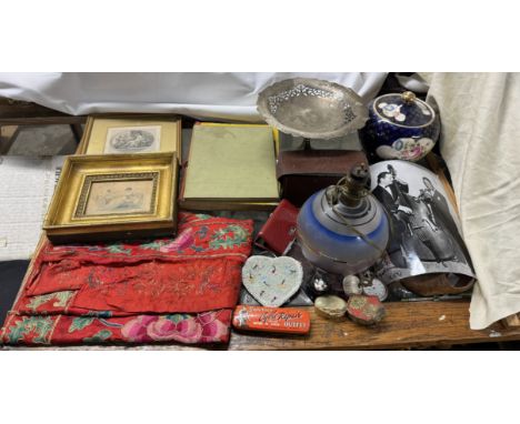 A Royal Doulton figure of a cat "Lucky" together with a Chinese embroidered panel, prints, opera glasses, table lamp, epns, b