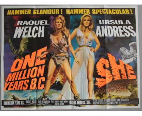 A collection of Original British Quad film posters including "One Million Years BC / She" (Raquel Welch, Ursula Andress, Hamm