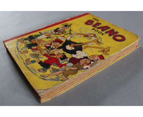7 Vintage Beano and Dandy annuals including:'The Beano Book' Annual #3 (1942) featuring characters spinning around Big Eggo a