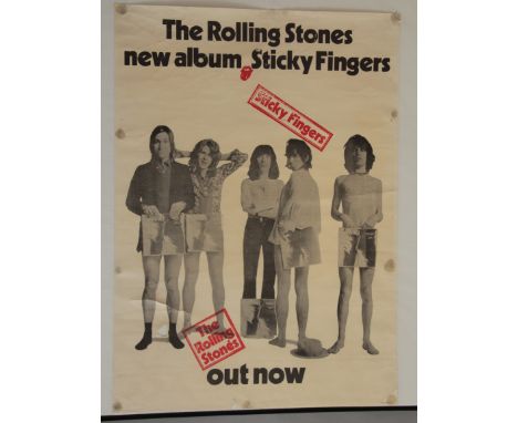 Four record LP music album advertising posters including "The Rolling Stones - Sticky Fingers" 23.5" x 33" and Led Zeppelin 1